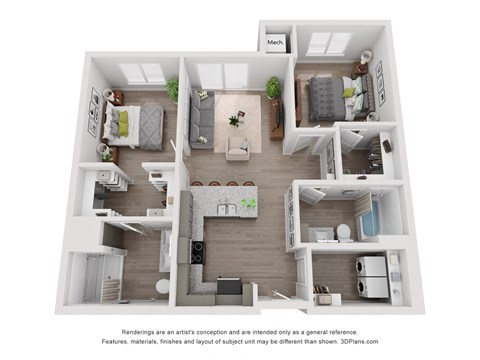 Floor plan for 2 beds, 2 baths, 992 sqft